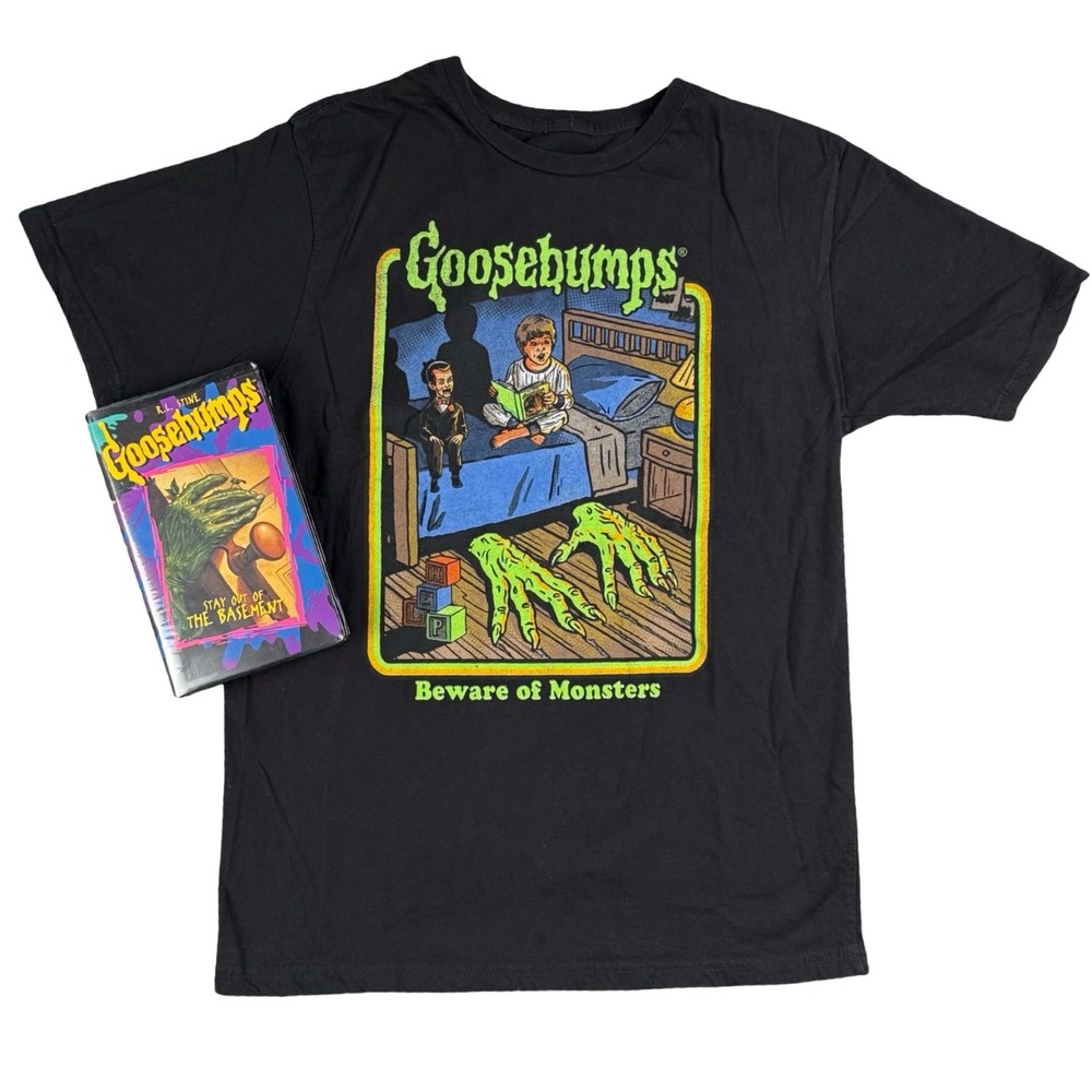 Goosebumps T Shirt VHS Bundle Beware of Monsters Stay Out Basement
